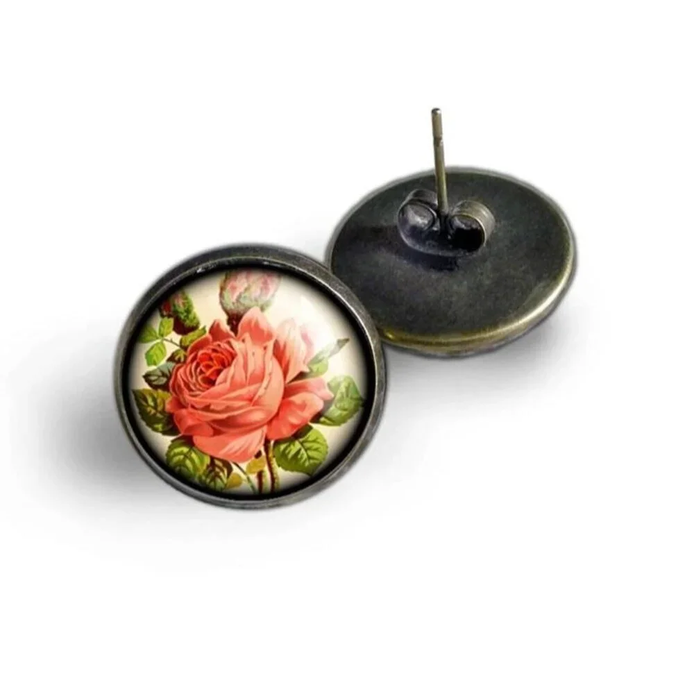 Victorian Tea Rose Stud‎ Earrings - Antique Bronze Romantic Floral Jewelry